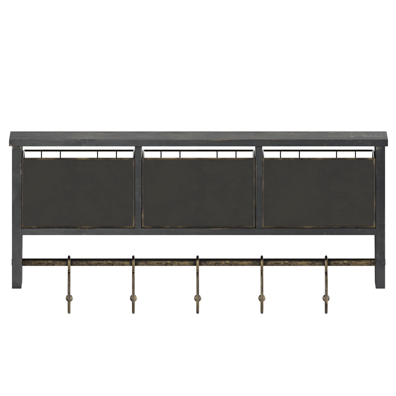 Wall Mounted Coat Rack with Upper Shelf Wire Baskets and Hooks in Blackwashed