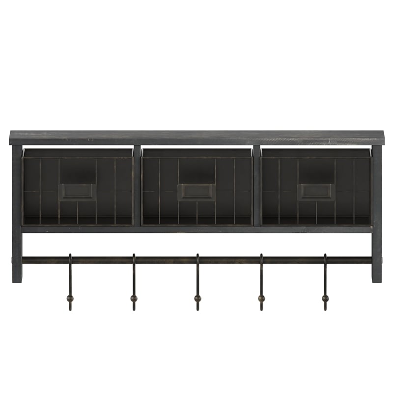 Wall Mounted Coat Rack with Upper Shelf Wire Baskets and Hooks in Blackwashed