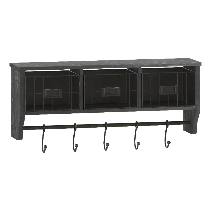 Wall Mounted Coat Rack with Upper Shelf Wire Baskets and Hooks in Blackwashed