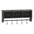 Wall Mounted Coat Rack with Upper Shelf Wire Baskets and Hooks in Blackwashed