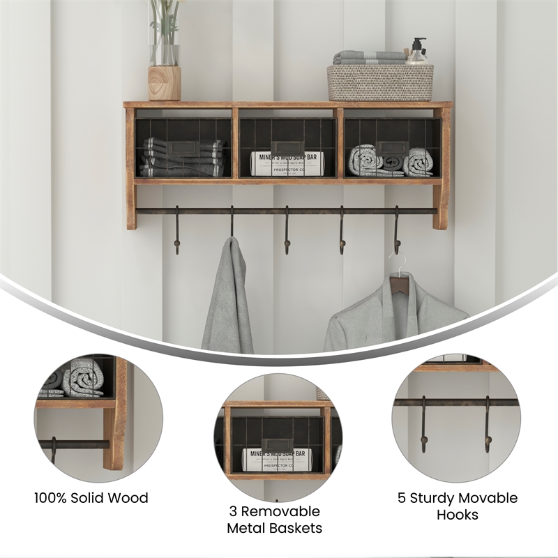 Wall Mounted Coat Rack with Upper Shelf Wire Baskets and Hooks in Rustic Brown
