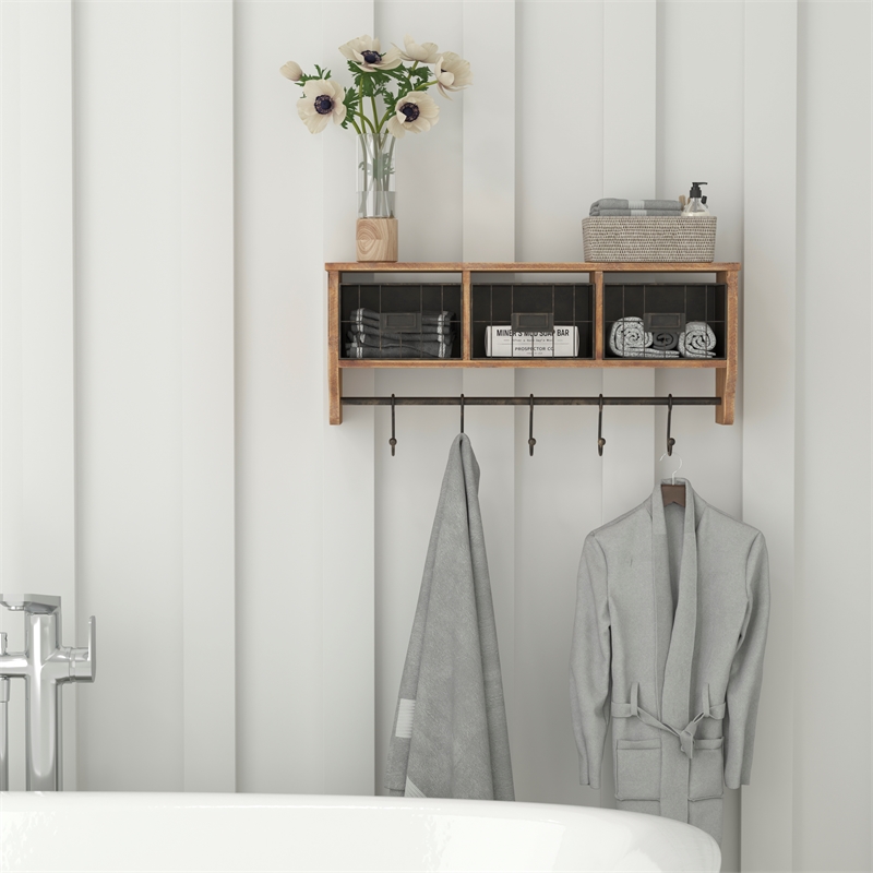 Wall Mounted Coat Rack with Upper Shelf Wire Baskets and Hooks in Rustic Brown
