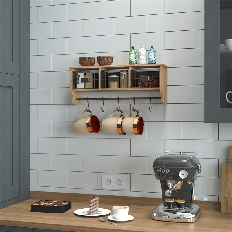 Wall Mounted Coat Rack with Upper Shelf Wire Baskets and Hooks in Rustic Brown