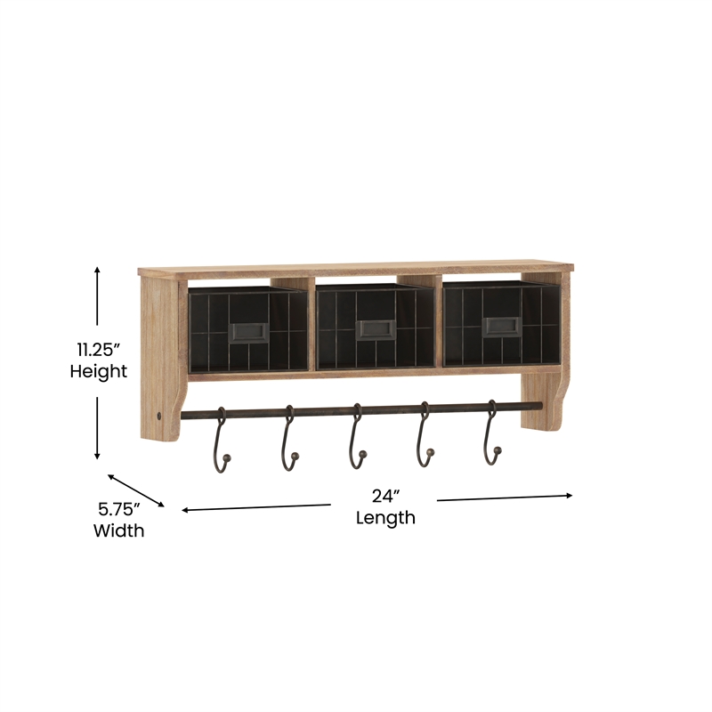 Wall Mounted Coat Rack with Upper Shelf Wire Baskets and Hooks in Rustic Brown