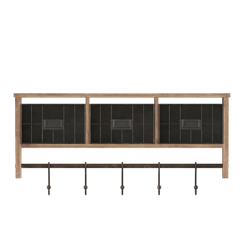 Wall Mounted Coat Rack with Upper Shelf Wire Baskets and Hooks in Rustic Brown