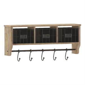 Wall Mounted Coat Rack with Upper Shelf Wire Baskets and Hooks in Rustic Brown