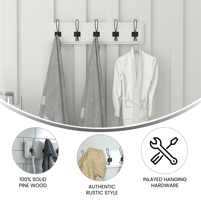 Vintage Wall Mounted Storage Rack with 5 Hooks in Solid White Finish