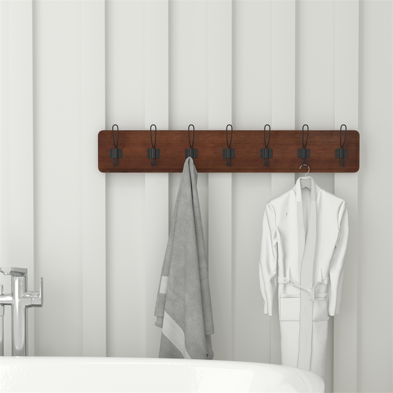 Vintage Wall Mounted Storage Rack with 7 Hooks in Rustic Brown Finish
