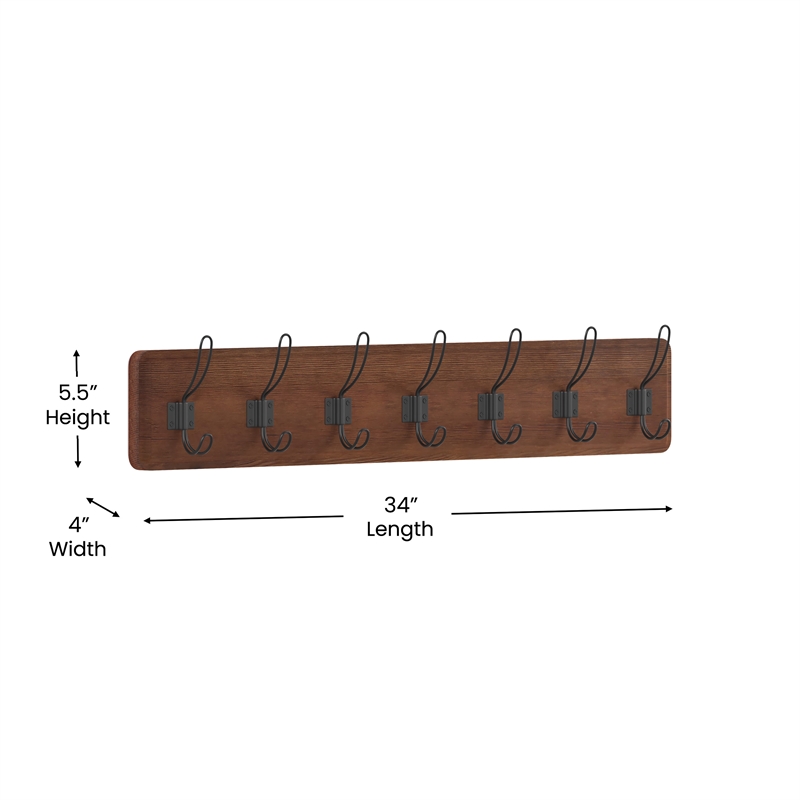 Vintage Wall Mounted Storage Rack with 7 Hooks in Rustic Brown Finish