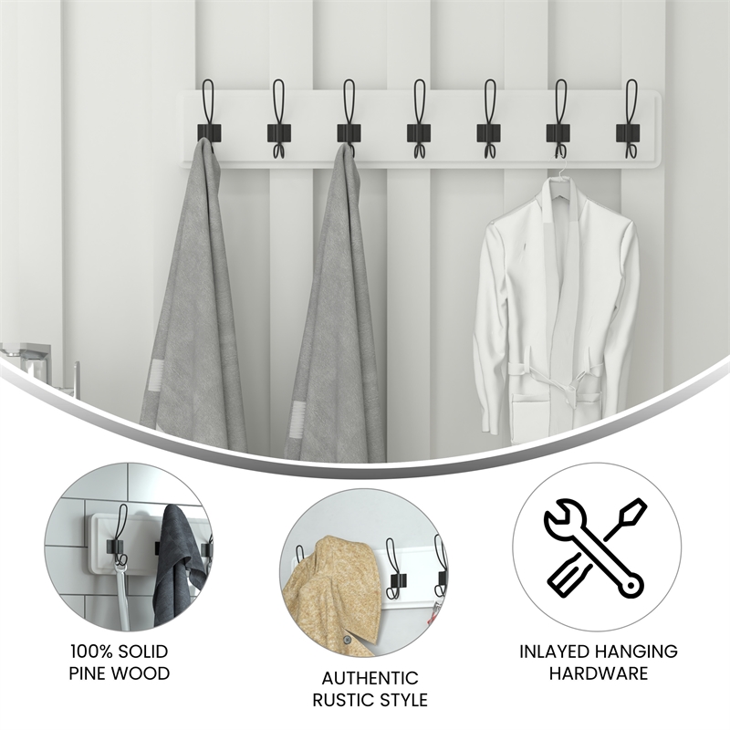 Vintage Wall Mounted Storage Rack with 7 Hooks in Solid White Finish