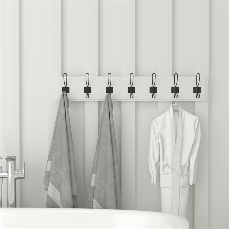 Vintage Wall Mounted Storage Rack with 7 Hooks in Solid White Finish