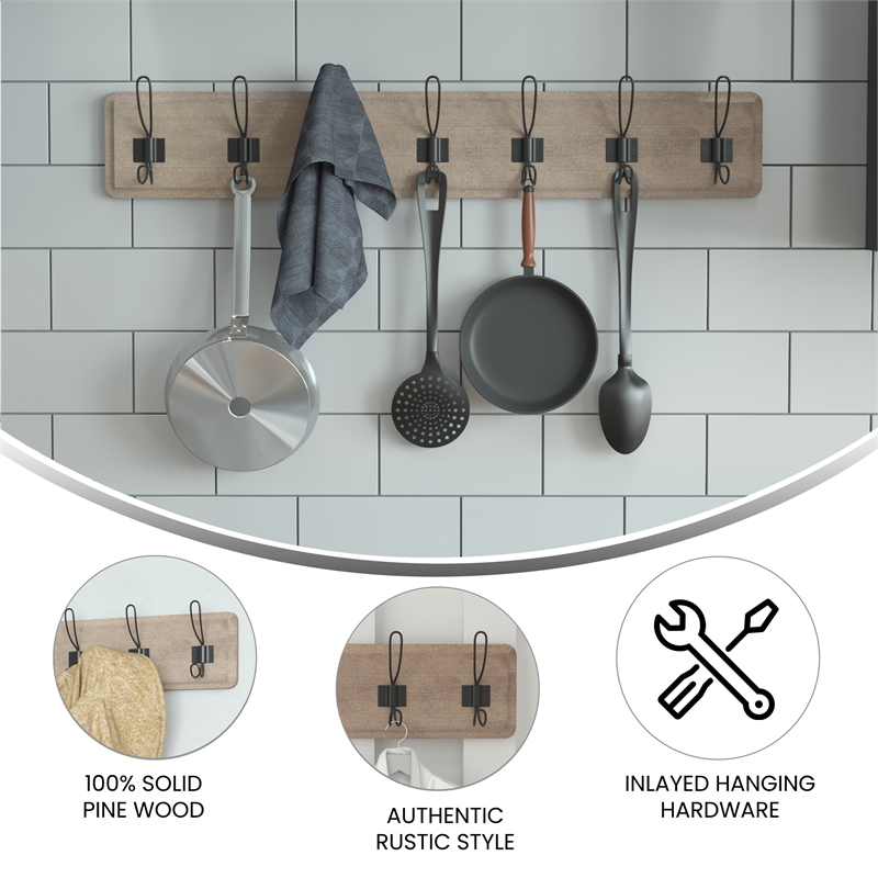 Vintage Wall Mounted Storage Rack with 7 Hooks in Weathered Brown Finish
