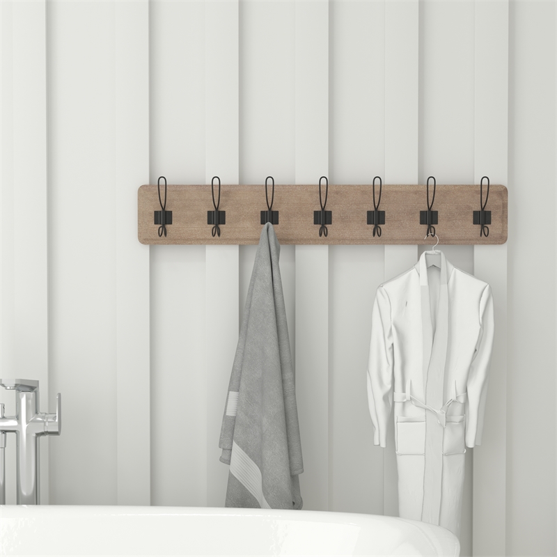 Vintage Wall Mounted Storage Rack with 7 Hooks in Weathered Brown Finish
