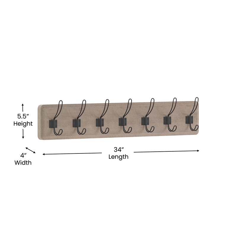 Vintage Wall Mounted Storage Rack with 7 Hooks in Weathered Brown Finish