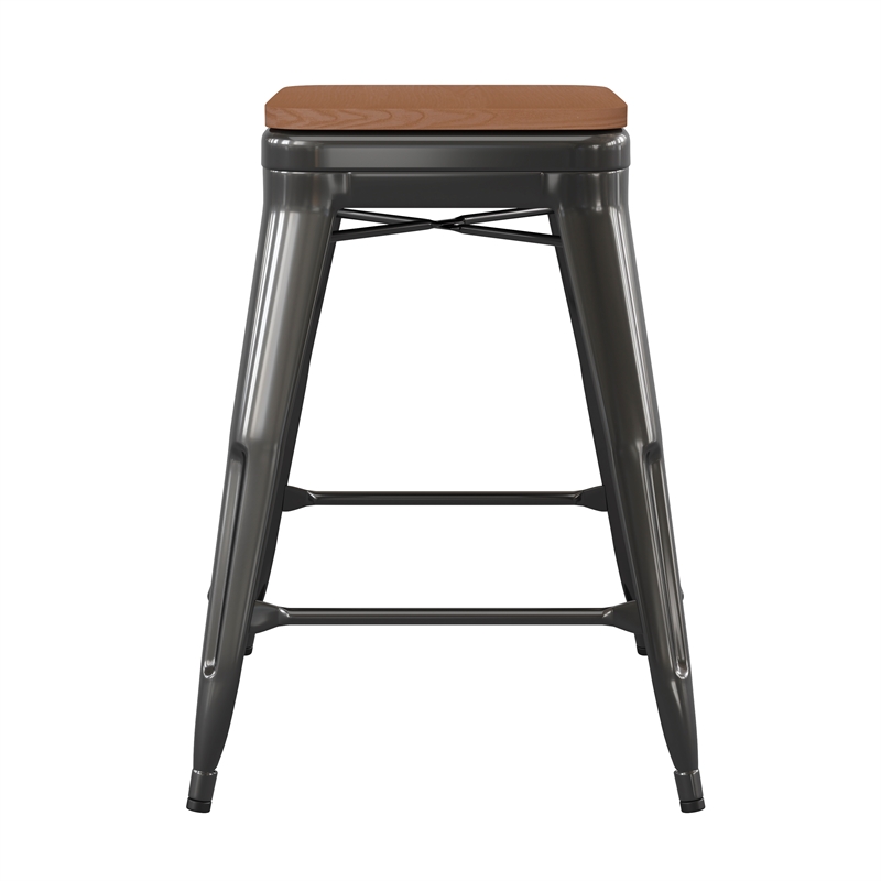 Indoor/Outdoor Backless Counter Stool with Poly Seat - Black/Teak
