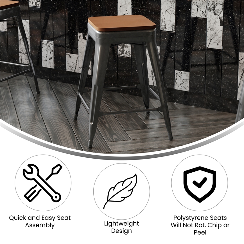 Indoor/Outdoor Backless Counter Stool with Poly Seat - Black/Teak
