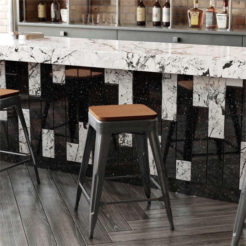 Indoor/Outdoor Backless Counter Stool with Poly Seat - Black/Teak