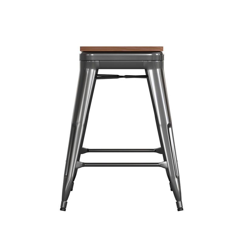 Indoor/Outdoor Backless Counter Stool with Poly Seat - Black/Teak