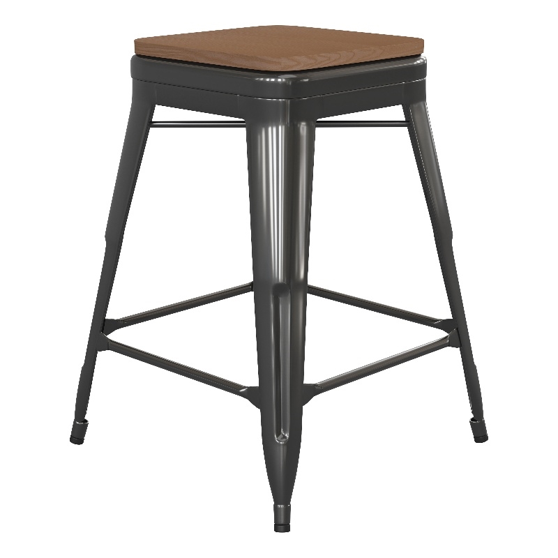 Indoor/Outdoor Backless Counter Stool with Poly Seat - Black/Teak