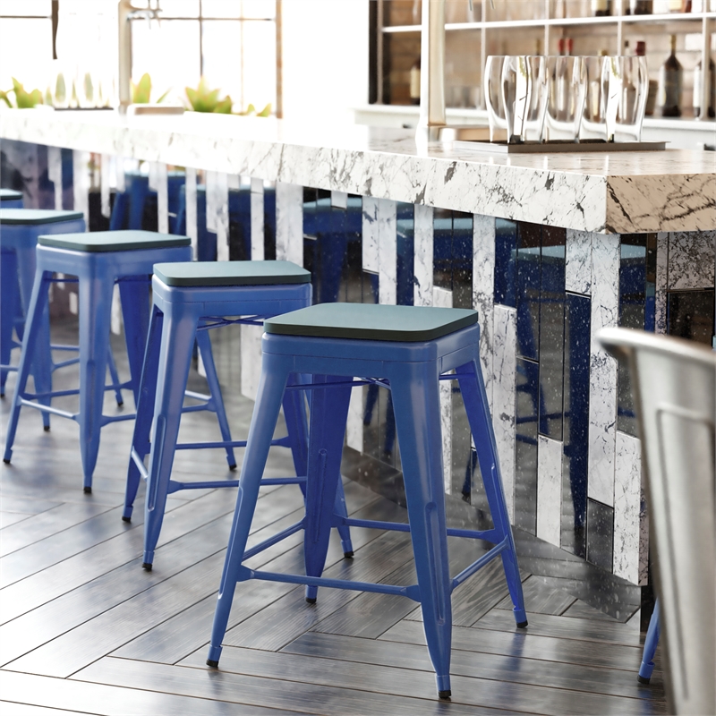 Indoor/Outdoor Backless Counter Stool with Poly Seat - Blue/Teal-Blue