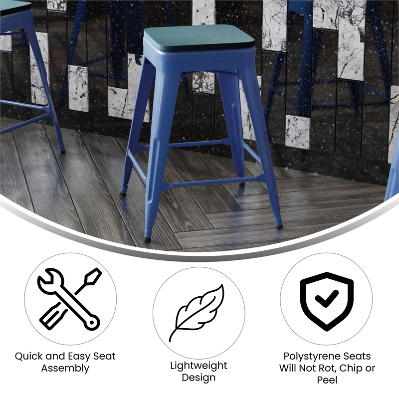 Indoor/Outdoor Backless Counter Stool with Poly Seat - Blue/Teal-Blue