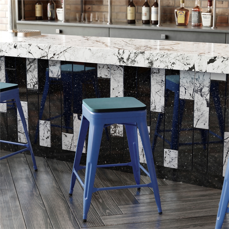 Indoor/Outdoor Backless Counter Stool with Poly Seat - Blue/Teal-Blue
