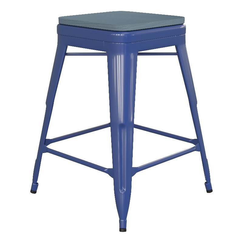 Indoor/Outdoor Backless Counter Stool with Poly Seat - Blue/Teal-Blue