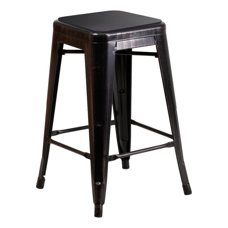 Indoor/Outdoor Backless Counter Stool with Poly Seat - Black-Antique Gold/Black