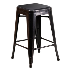 Indoor/Outdoor Backless Counter Stool with Poly Seat - Black-Antique Gold/Black