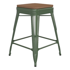 Indoor/Outdoor Backless Counter Stool with Poly Seat - Green/Teak