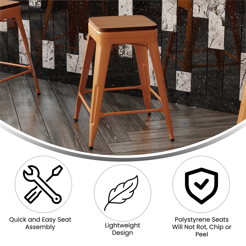 Indoor/Outdoor Backless Counter Stool with Poly Seat - Orange/Teak