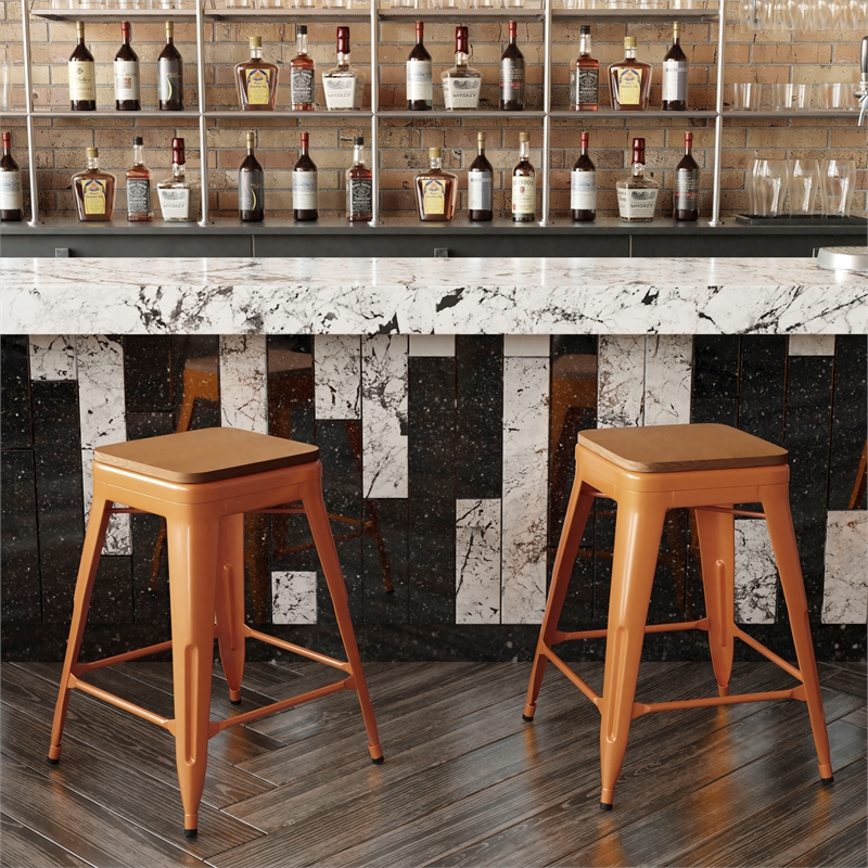 Indoor/Outdoor Backless Counter Stool with Poly Seat - Orange/Teak