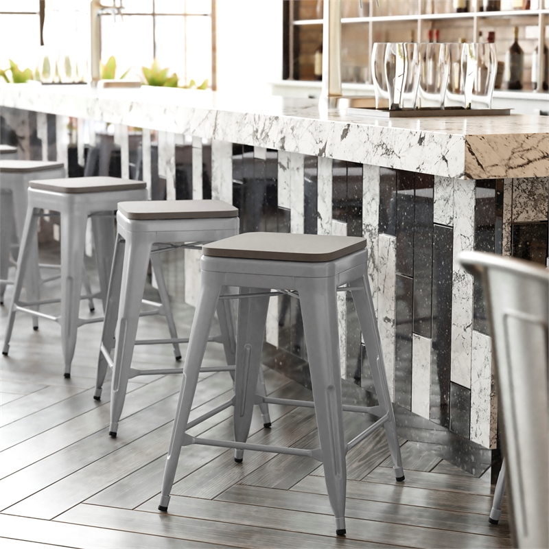 Indoor/Outdoor Backless Counter Stool with Poly Seat - Silver/Gray