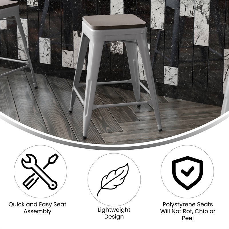 Indoor/Outdoor Backless Counter Stool with Poly Seat - Silver/Gray