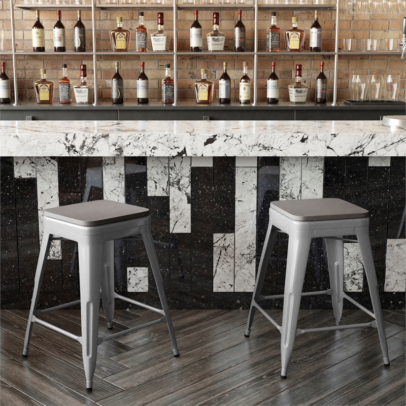 Indoor/Outdoor Backless Counter Stool with Poly Seat - Silver/Gray