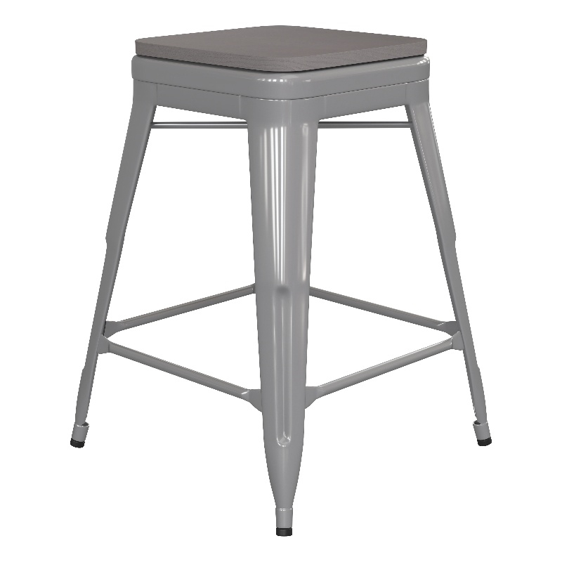 Indoor/Outdoor Backless Counter Stool with Poly Seat - Silver/Gray