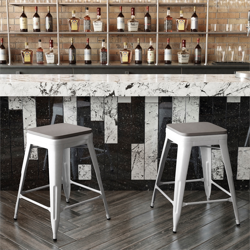 Indoor/Outdoor Backless Counter Stool with Poly Seat - White/Gray