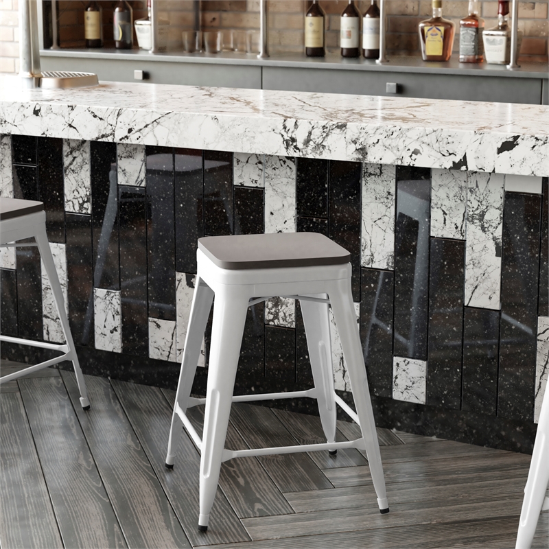 Indoor/Outdoor Backless Counter Stool with Poly Seat - White/Gray