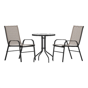 3 Piece Patio Dining Set - 23.75&quot Round Glass Table 2 Brown Flex Stack Chairs
