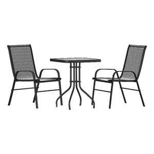 3 Piece Patio Dining Set - 23.5&quot Square Glass Table 2 Black Flex Stack Chairs