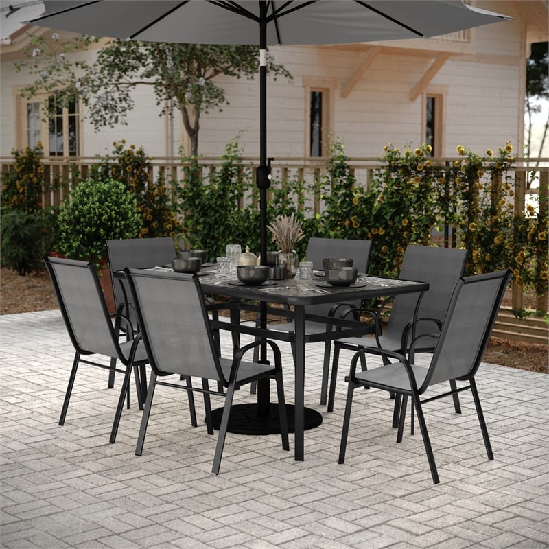 Commercial 7 Pc Outdoor Patio Dining Set with Glass Table and 6 Chairs - Gray