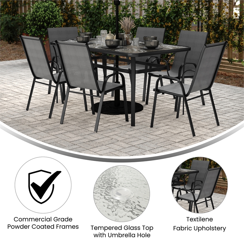 Commercial 7 Pc Outdoor Patio Dining Set with Glass Table and 6 Chairs - Gray