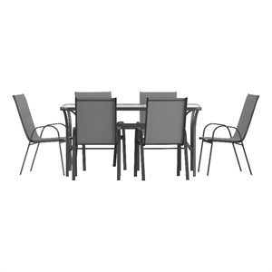 Commercial 7 Pc Outdoor Patio Dining Set with Glass Table and 6 Chairs - Gray