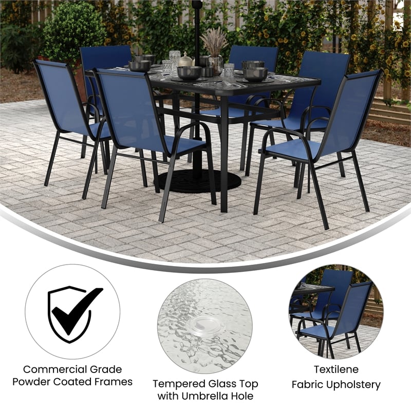 Commercial 7 Pc Outdoor Patio Dining Set with Glass Table and 6 Chairs - Navy