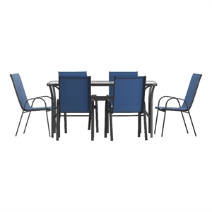 Commercial 7 Pc Outdoor Patio Dining Set with Glass Table and 6 Chairs - Navy