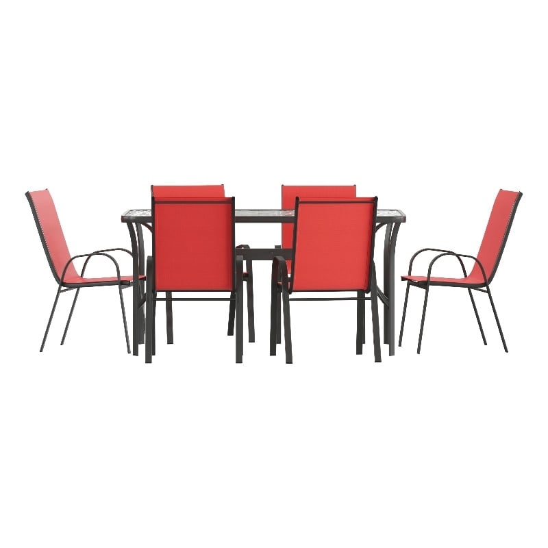 Commercial 7 Pc Outdoor Patio Dining Set with Glass Table and 6 Chairs - Red
