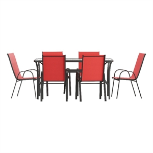 Commercial 7 Pc Outdoor Patio Dining Set with Glass Table and 6 Chairs - Red