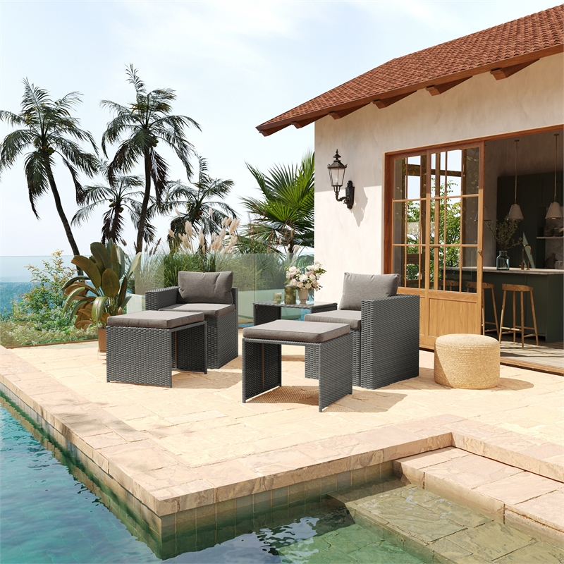 Indoor/Outdoor Modular Loveseat Sofa Set with Table and Ottomans in Gray/Gray