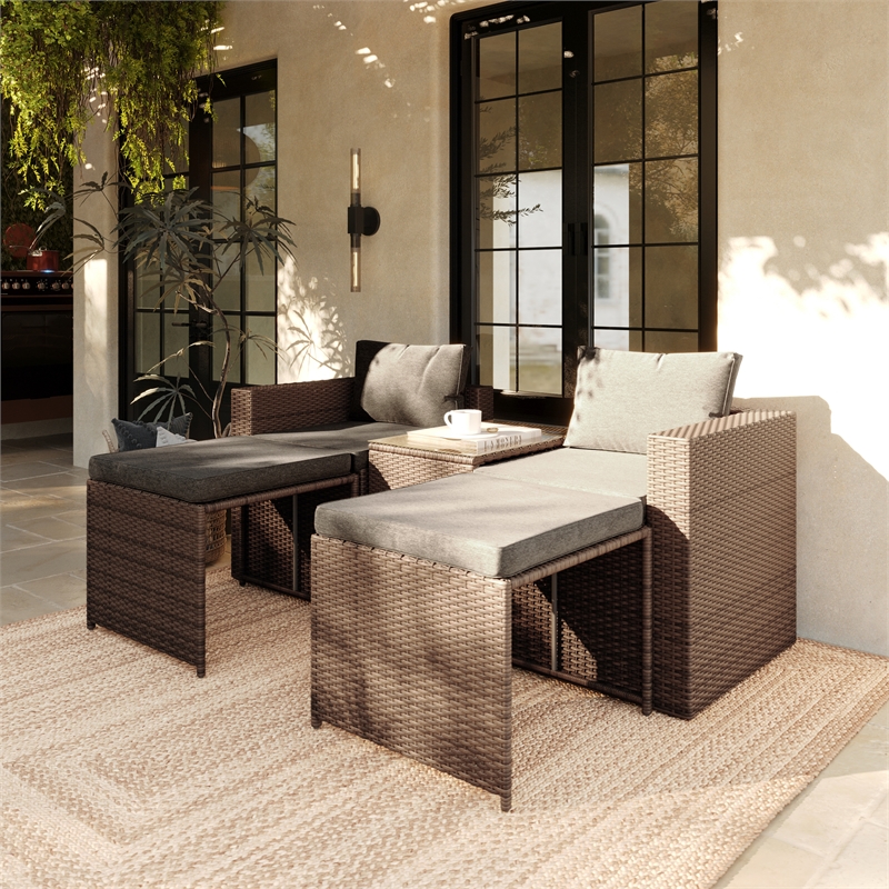 Indoor/Outdoor Modular Loveseat Sofa Set with Table and Ottomans in Gray/Natural