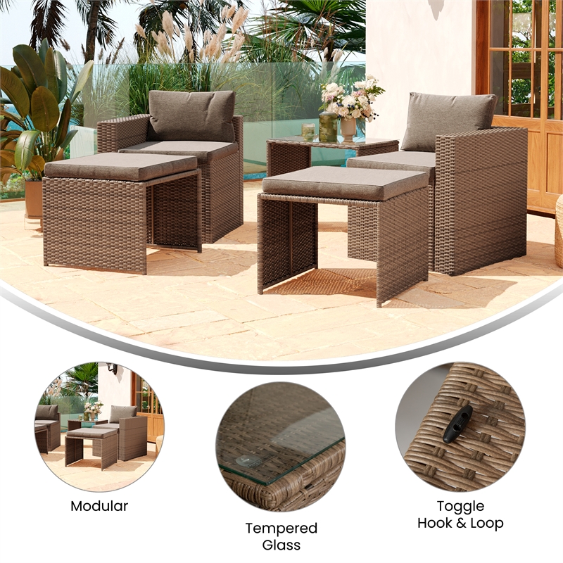 Indoor/Outdoor Modular Loveseat Sofa Set with Table and Ottomans in Gray/Natural